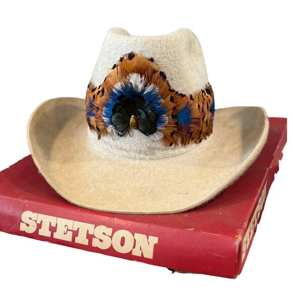 AUTHENTIC Stetson 4X Cowboy Hat Feather Band 1950s 1960s Western- 7 1/4 - Picture 1 of 5